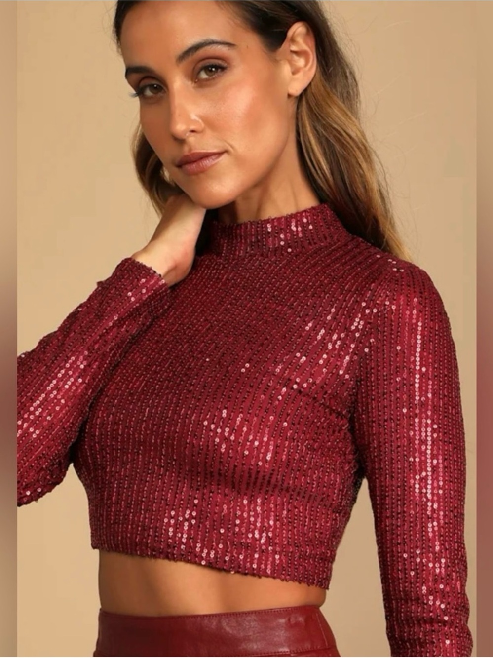 Lulus Dazzling Beauty Wine Red Sequin Long Sleeve Mock Neck Crop Top Small